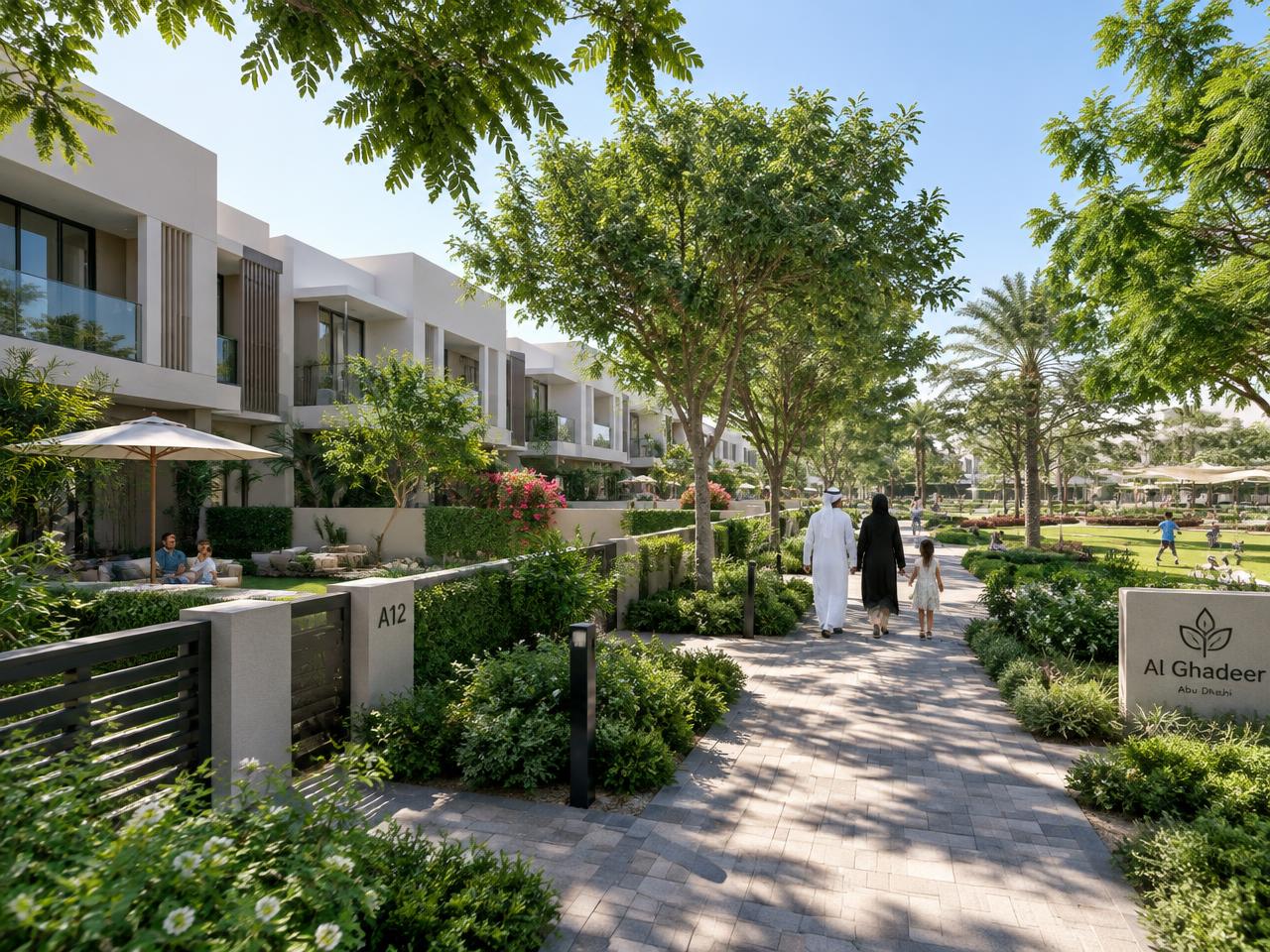 Illustration of family townhouses with gardens in Al Ghadeer