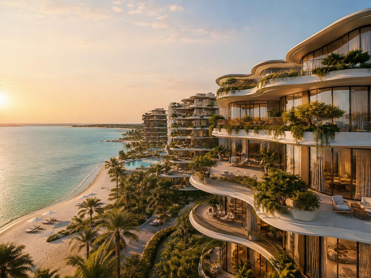 Illustration of curved beachfront residences on Fahid Island