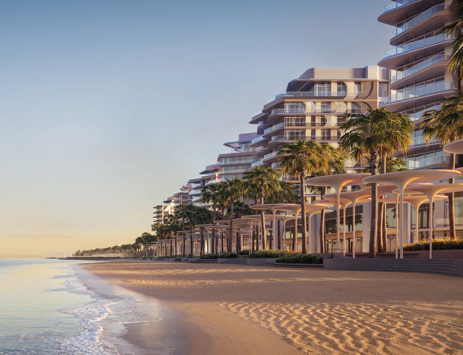 Render of the Fahid Beach Residences beachfront at sunset