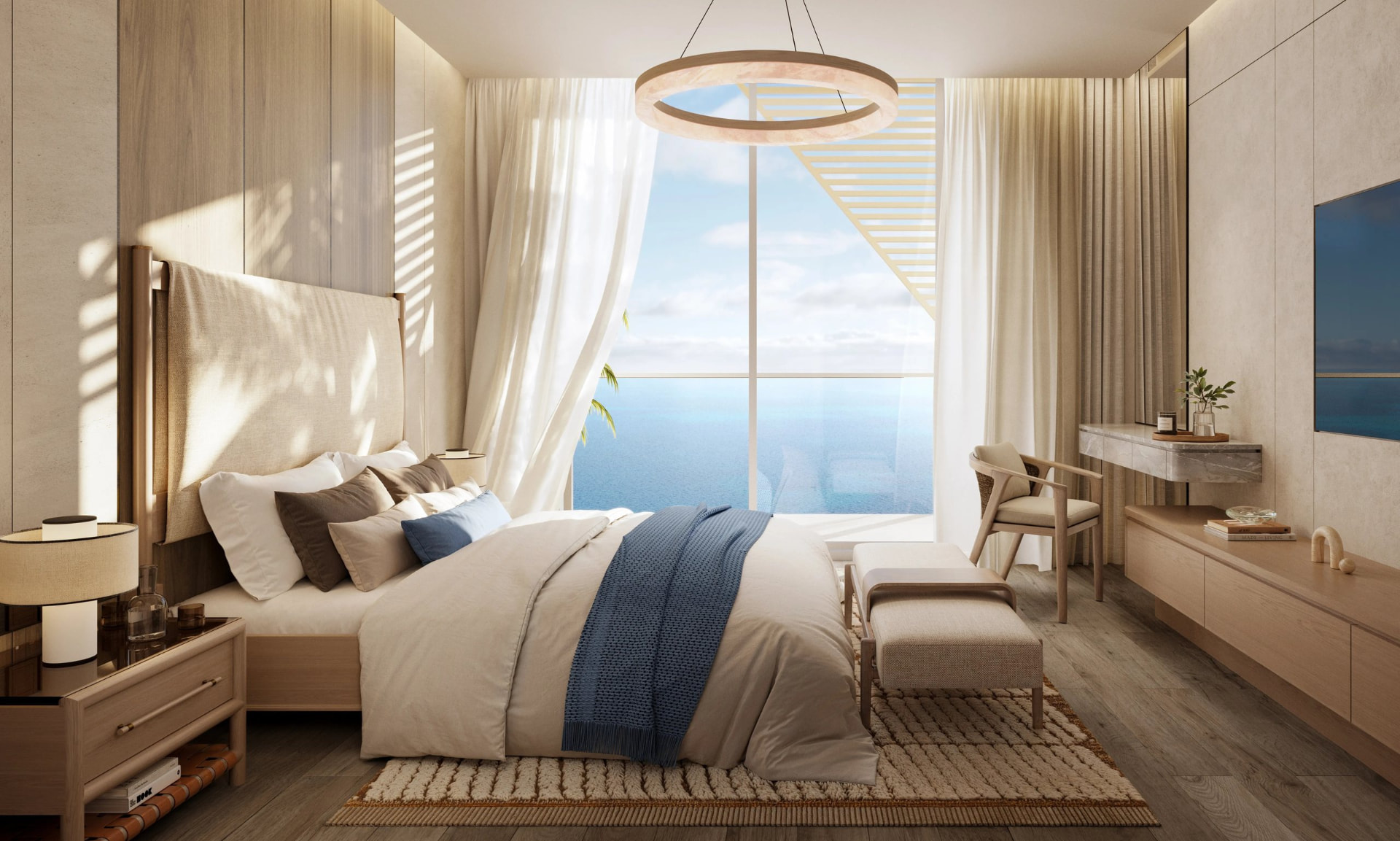 Render of a bedroom with sea view at Fahid Beach Residences
