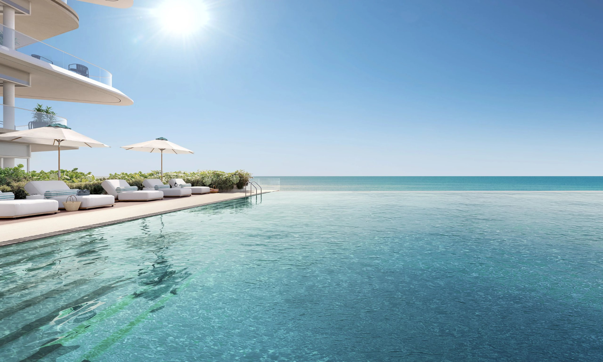 Render of the infinity pool at Fahid Beach Residences overlooking the sea