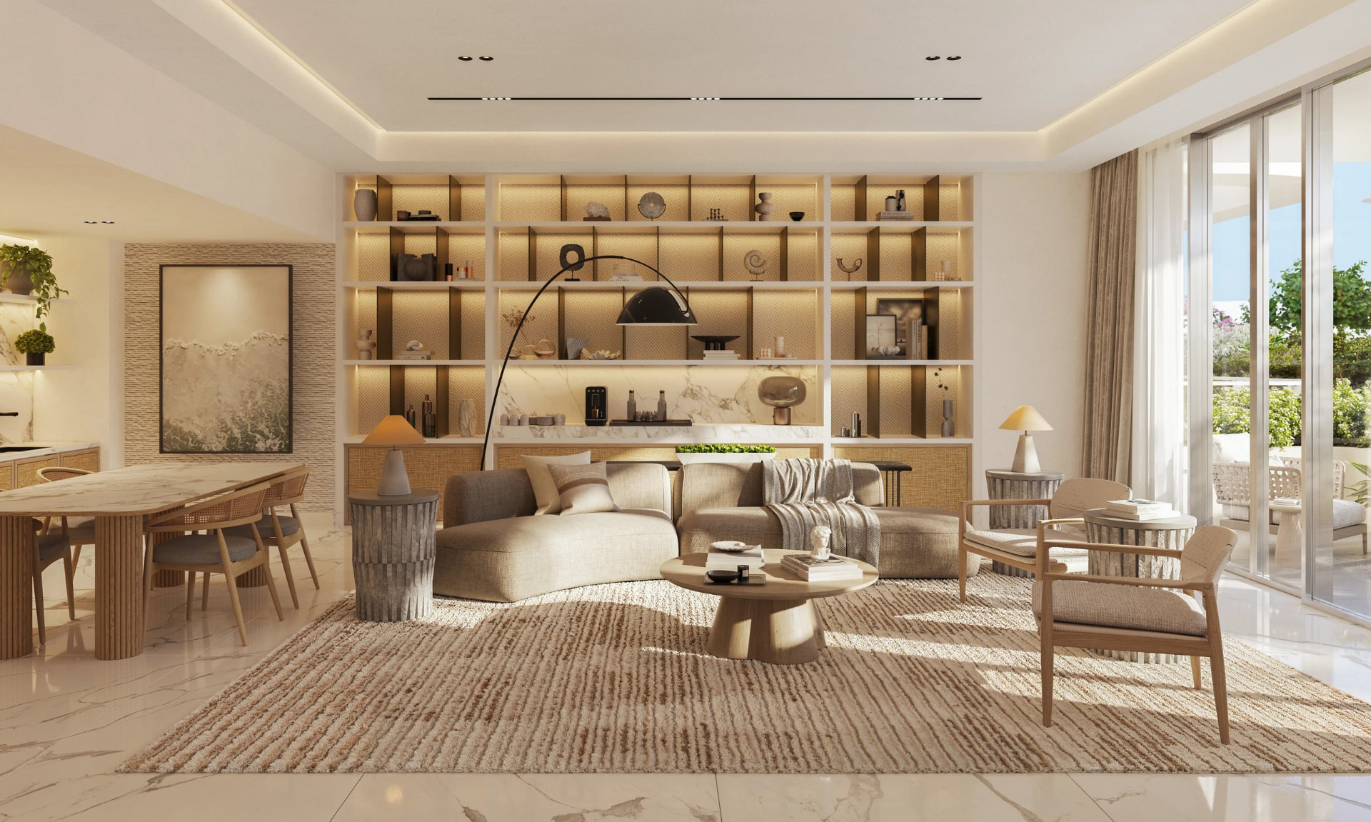 Render of a bright living room at Fahid Beach Residences